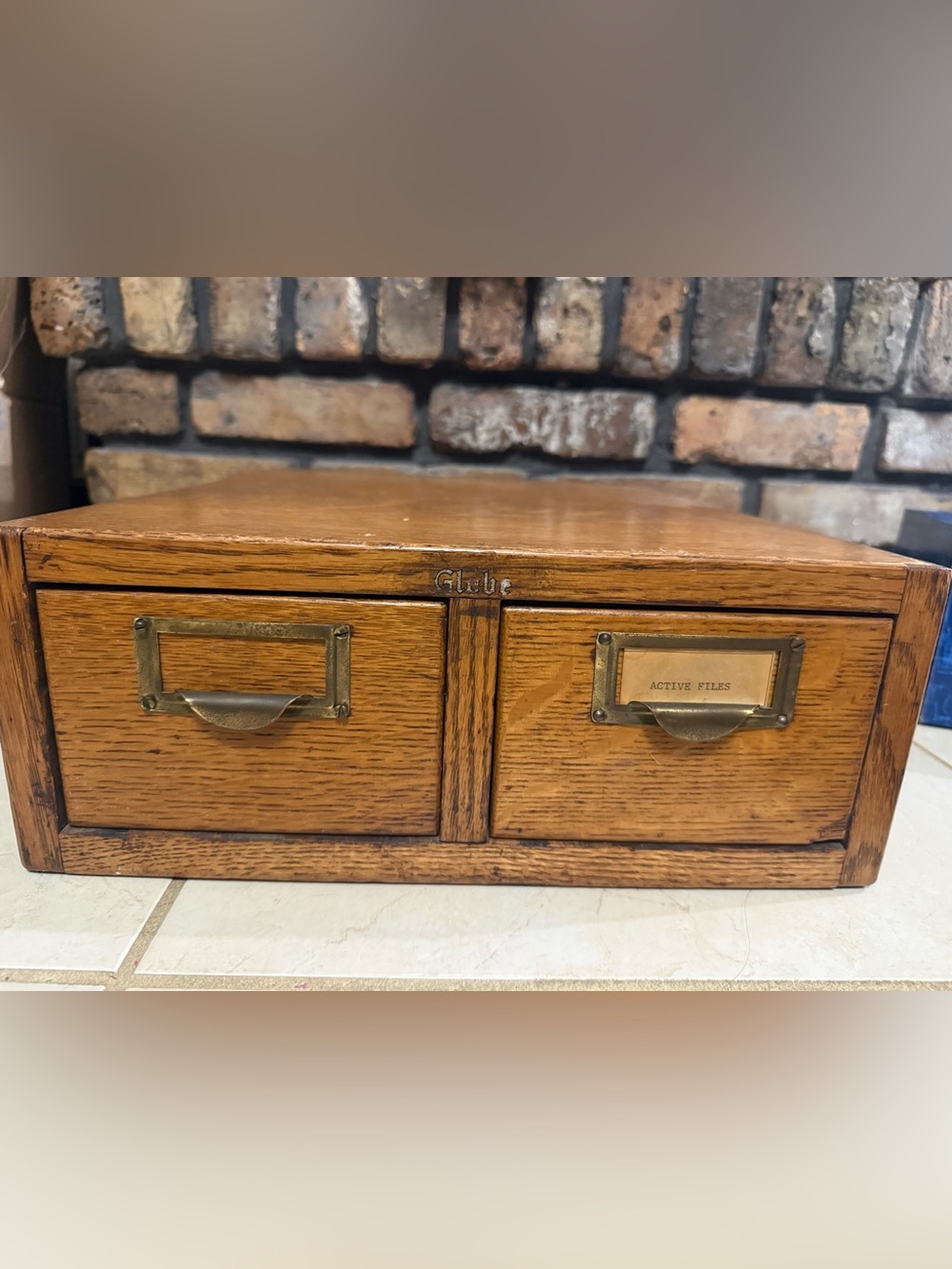 Vintage Globe Oak Desktop File Drawer Organizer - Brown with Brass Accents